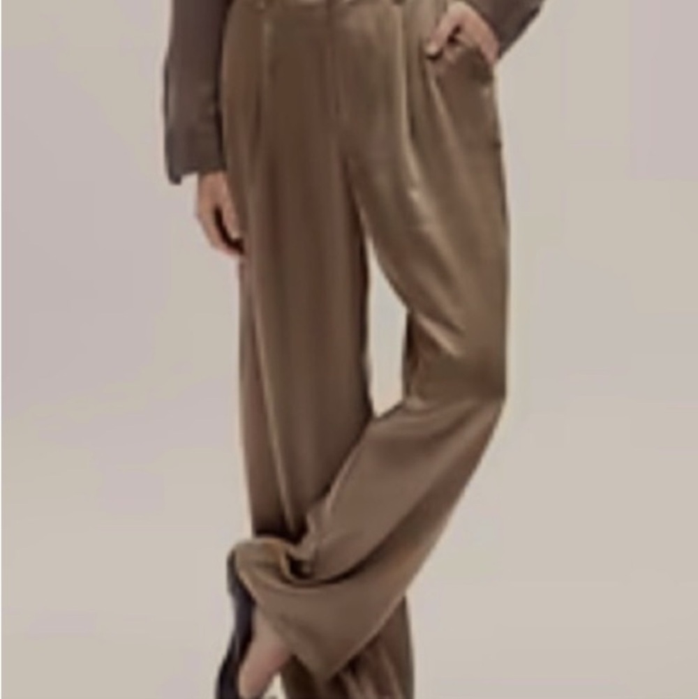 🆕 Gap Satin Pants High Rise Wide Straight Leg Pleats Pockets Mocha Mousse BRN 12